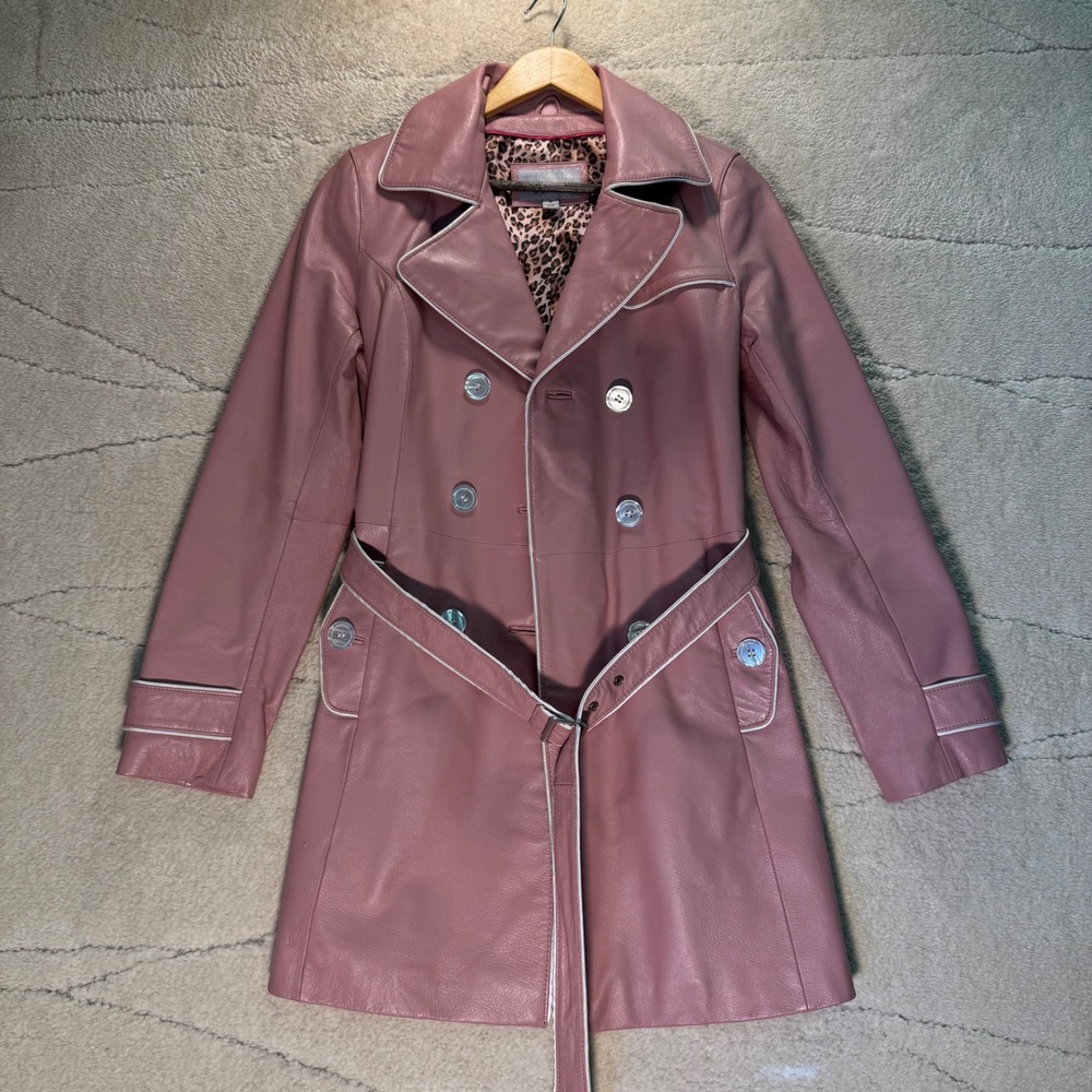 Wilsons Leather Maxima Pink Leather Trench Coat Women's S Belted Leopard Lined